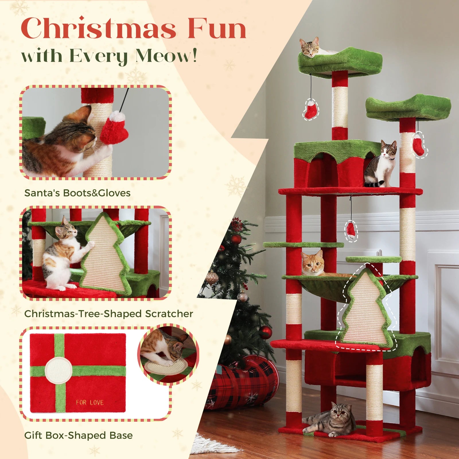 Large Multi-Level Cat Tree Tower | Indoor Cat Condo with Hammock & Scratching Posts