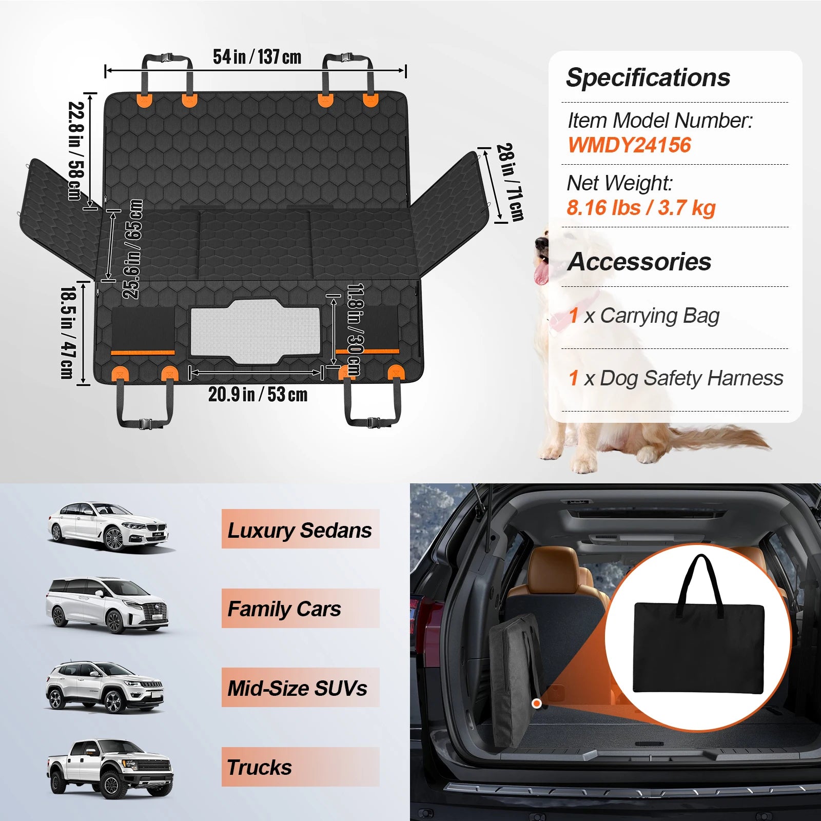 Dog Car Seat Cover & Back Seat Extender | Waterproof Hammock with Mesh Window