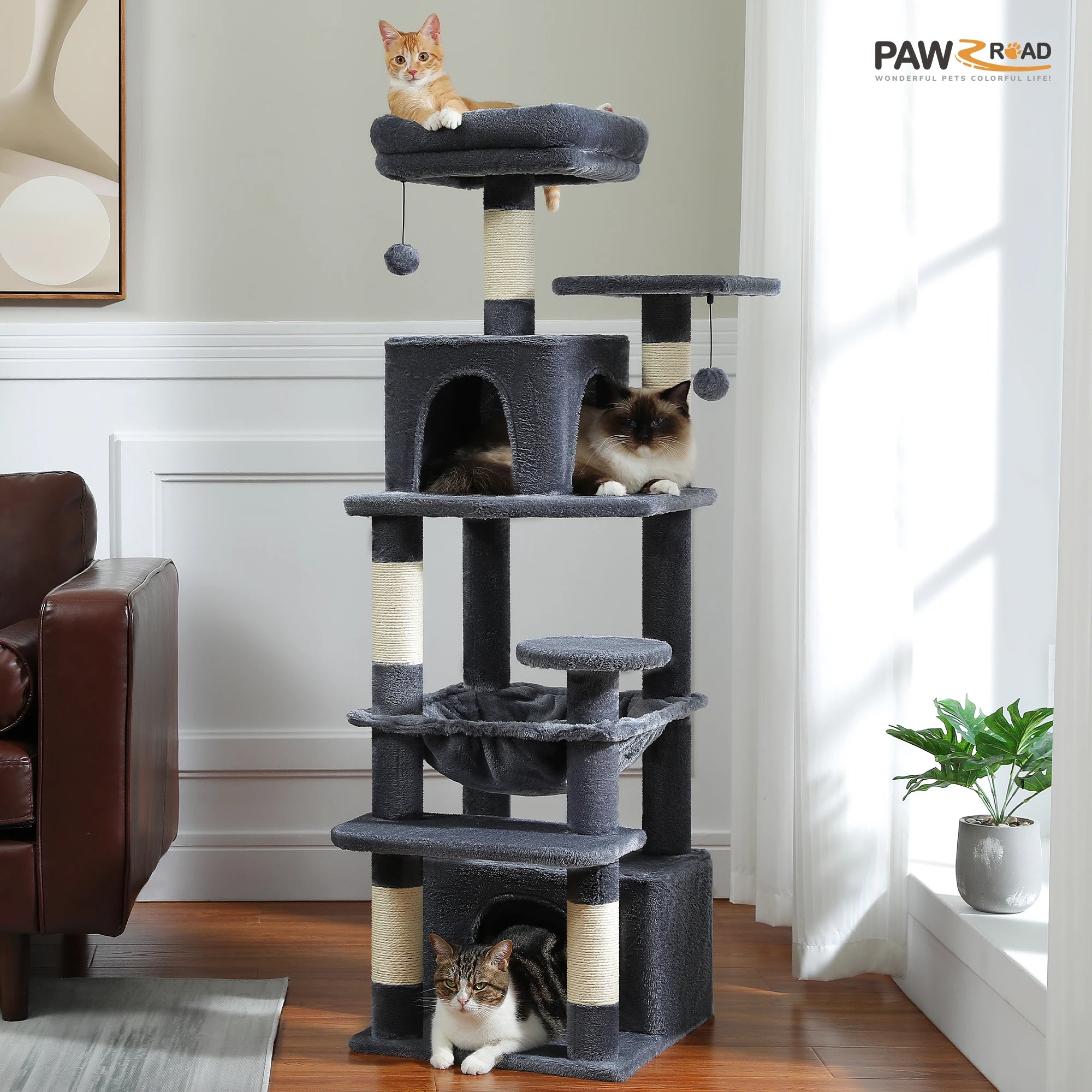 Large Multi-Level Cat Tree Tower | Indoor Cat Condo with Hammock & Scratching Posts