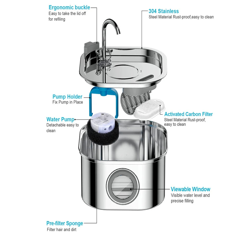 Stainless Steel Pet Water Fountain | Automatic Filtered Drinking Fountain for Cats & Dogs