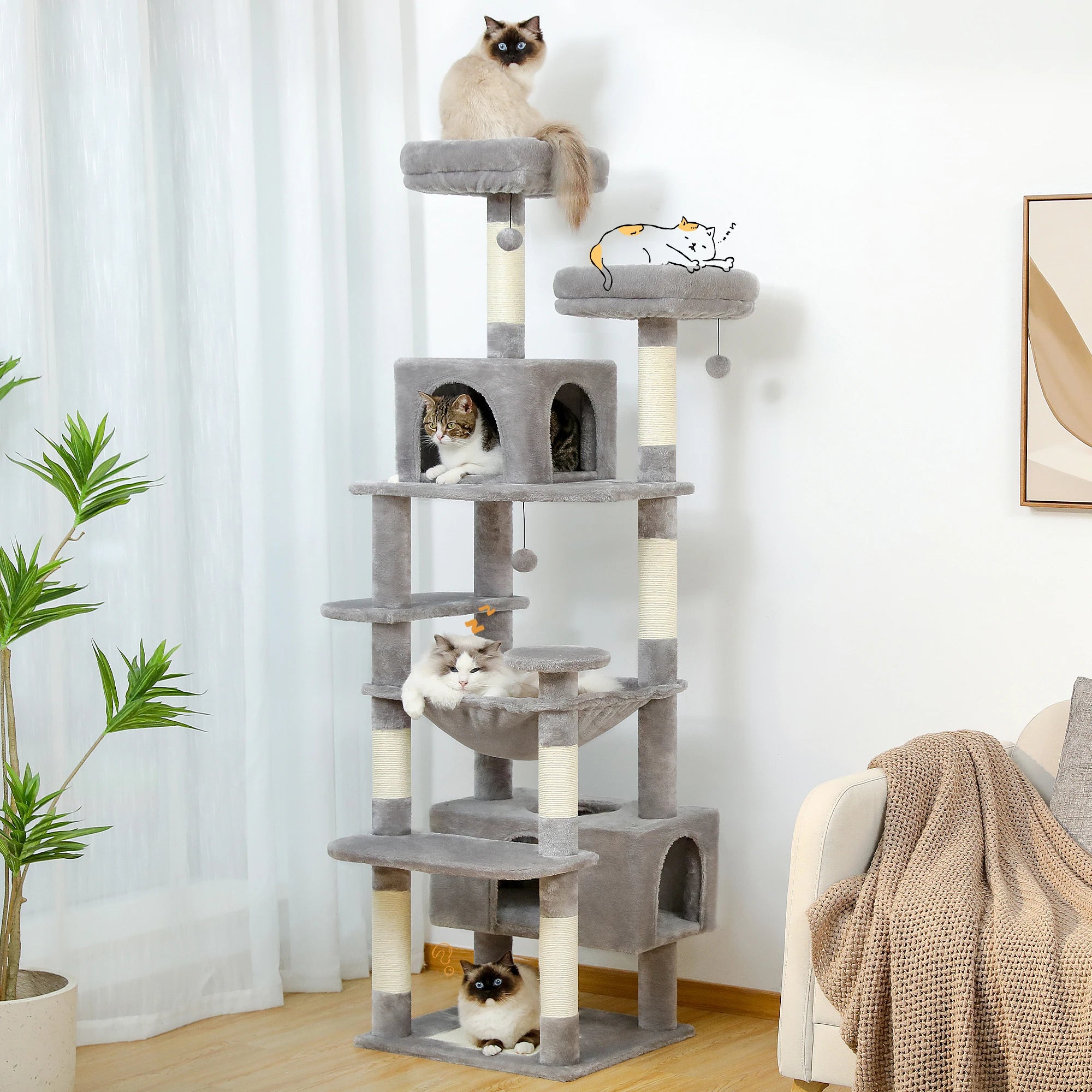 Large Multi-Level Cat Tree Tower | Indoor Cat Condo with Hammock & Scratching Posts