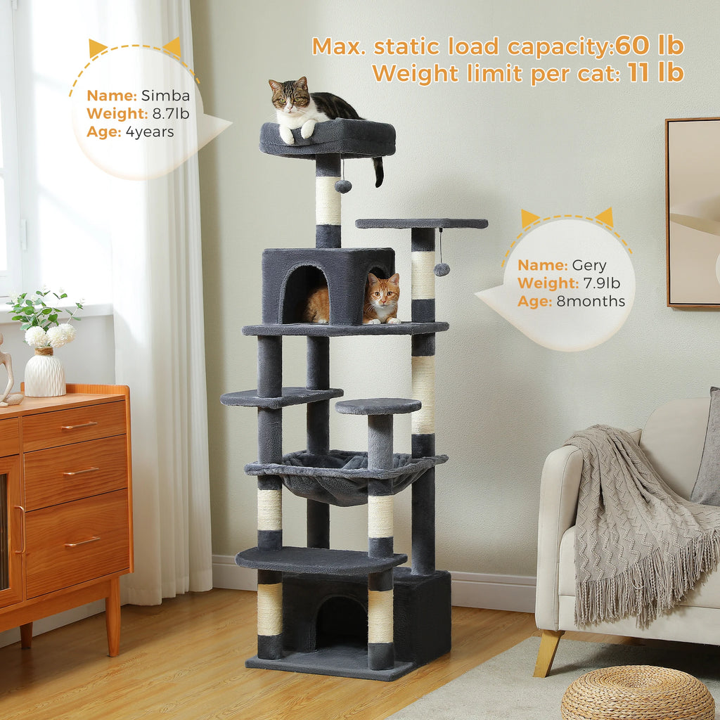 Large Multi-Level Cat Tree Tower | Indoor Cat Condo with Hammock & Scratching Posts