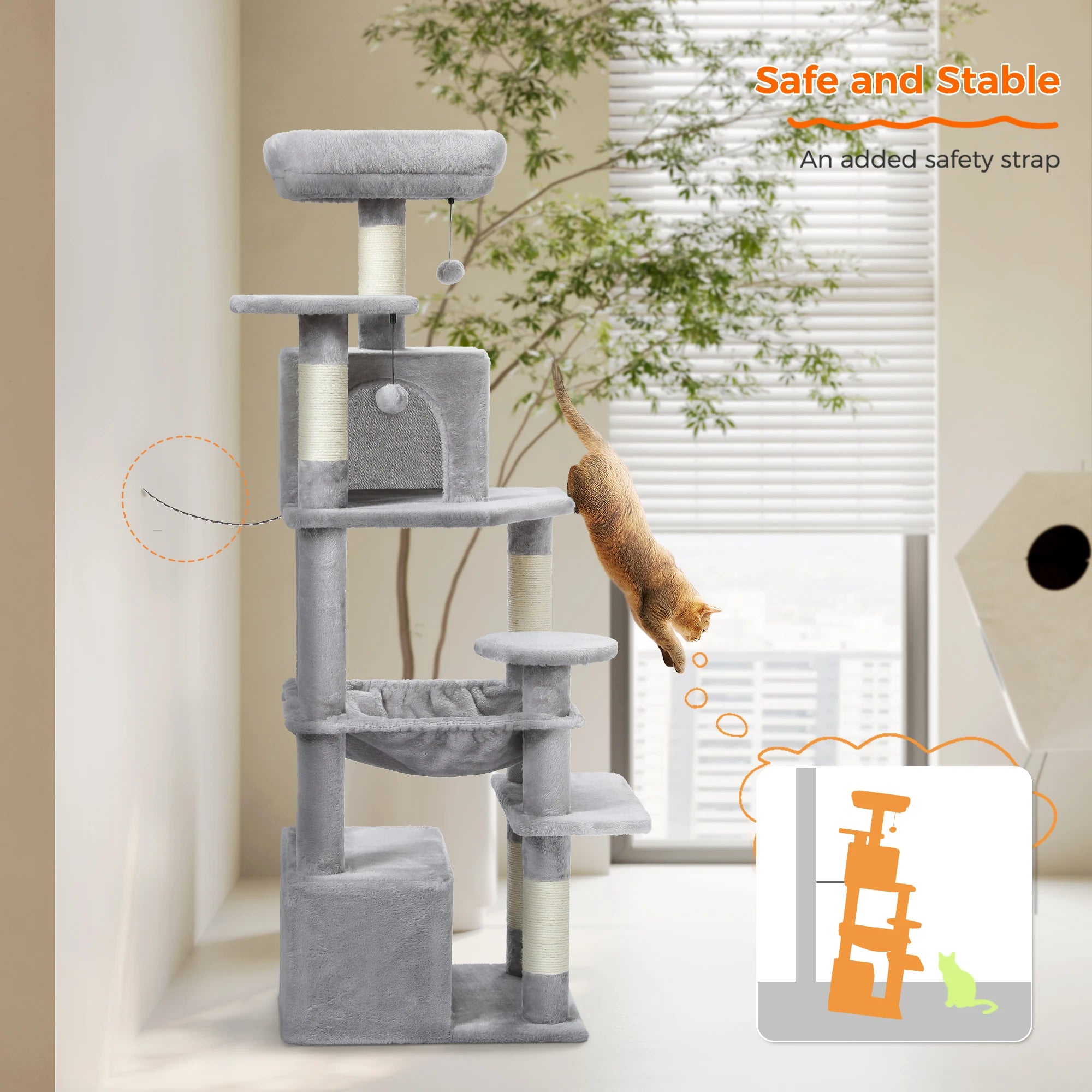 Large Multi-Level Cat Tree Tower | Indoor Cat Condo with Hammock & Scratching Posts
