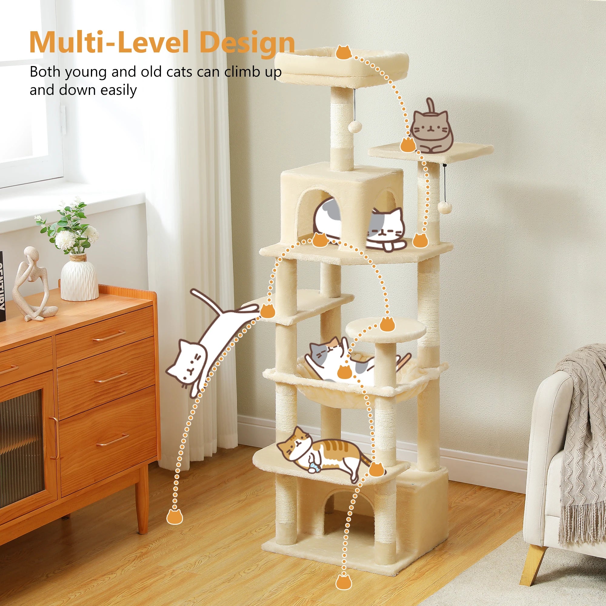 Large Multi-Level Cat Tree Tower | Indoor Cat Condo with Hammock & Scratching Posts