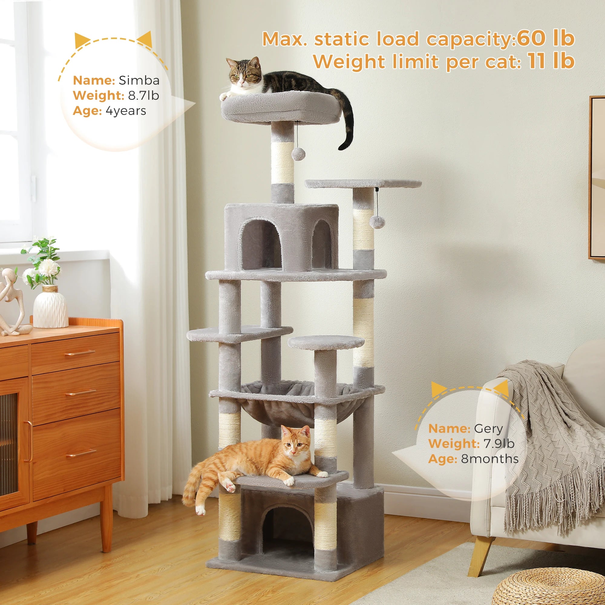 Large Multi-Level Cat Tree Tower | Indoor Cat Condo with Hammock & Scratching Posts